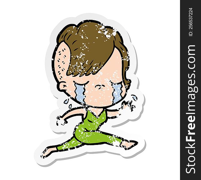distressed sticker of a cartoon crying girl running