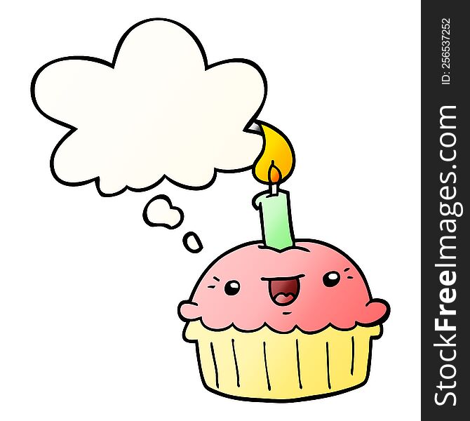 cartoon cupcake with candle and thought bubble in smooth gradient style