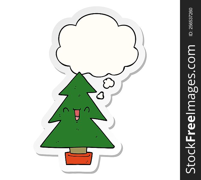 cartoon christmas tree with thought bubble as a printed sticker