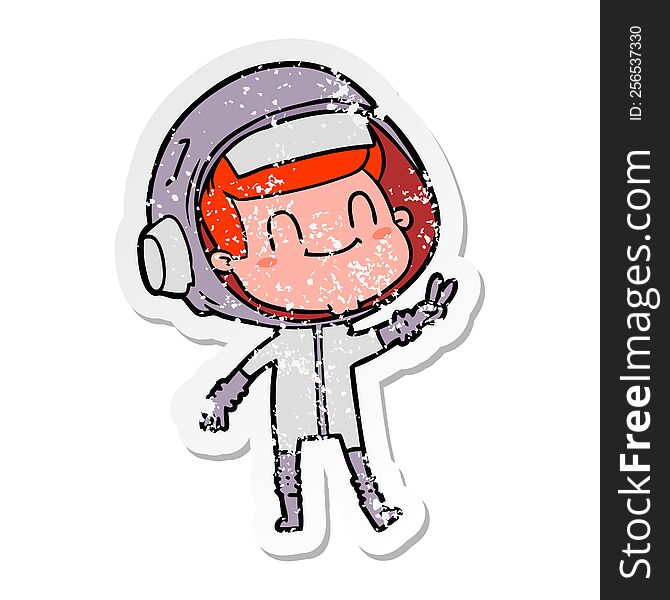 distressed sticker of a happy cartoon astronaut