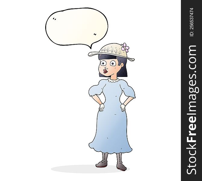 freehand drawn speech bubble cartoon woman in sensible dress