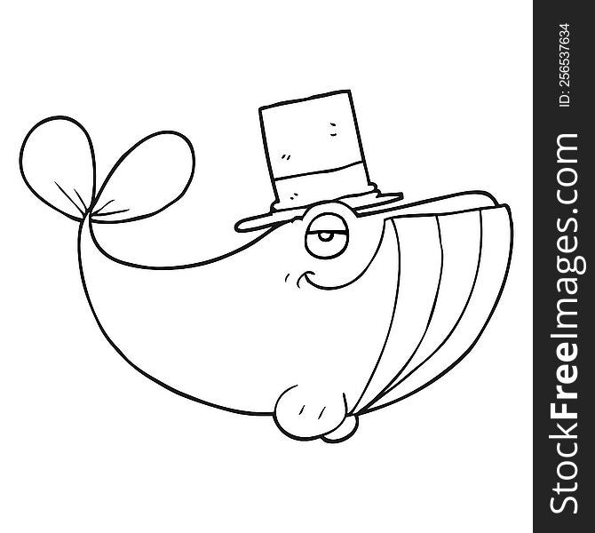 freehand drawn black and white cartoon whale wearing top hat