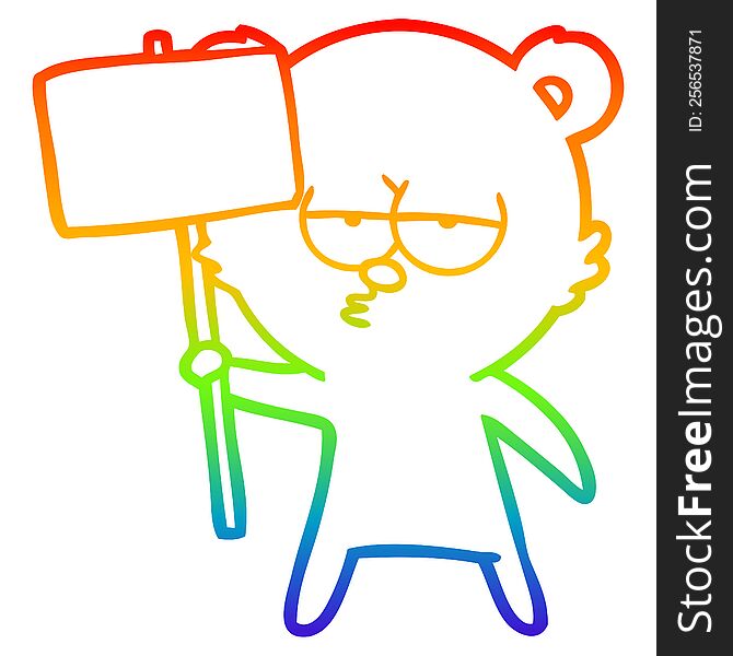Rainbow Gradient Line Drawing Bored Polar Bear Cartoon With Sign