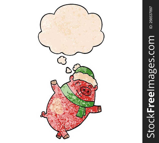 Cartoon Pig Wearing Christmas Hat And Thought Bubble In Grunge Texture Pattern Style