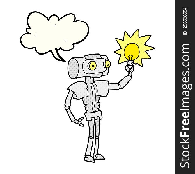 Comic Book Speech Bubble Cartoon Robot With Light Bulb