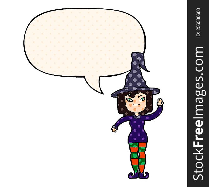 cartoon witch with speech bubble in comic book style