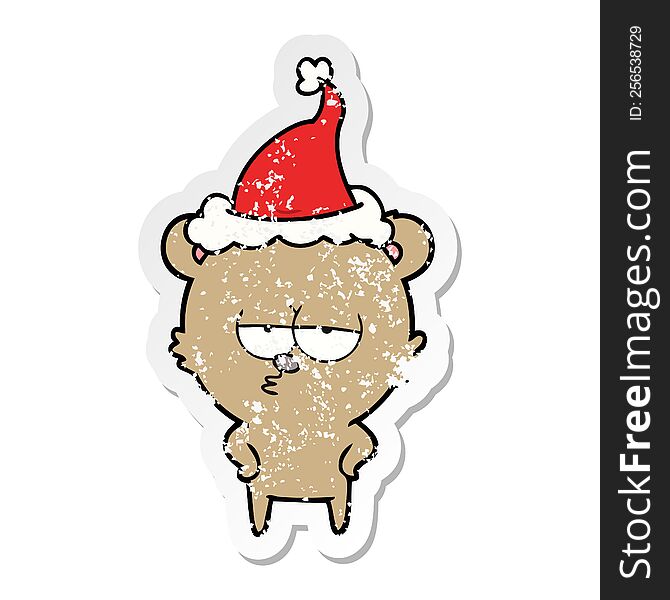 bored bear hand drawn distressed sticker cartoon of a wearing santa hat. bored bear hand drawn distressed sticker cartoon of a wearing santa hat