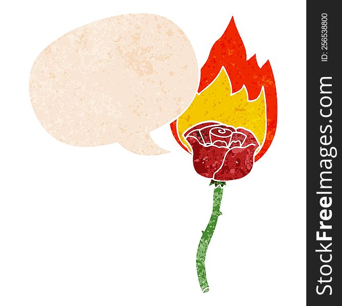Cartoon Flaming Rose And Speech Bubble In Retro Textured Style