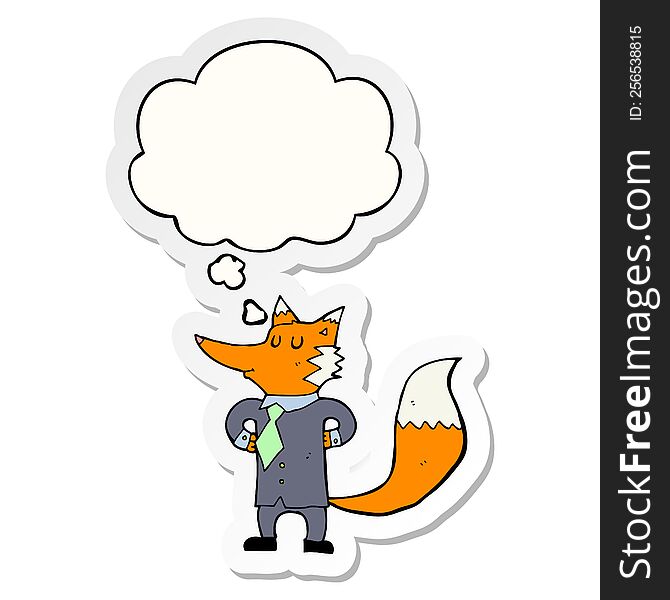 cartoon fox businessman with thought bubble as a printed sticker