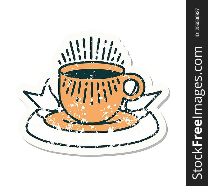 Grunge Sticker With Banner Of Cup Of Coffee