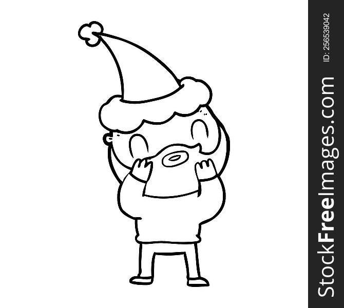 Line Drawing Of A Bearded Man Wearing Santa Hat