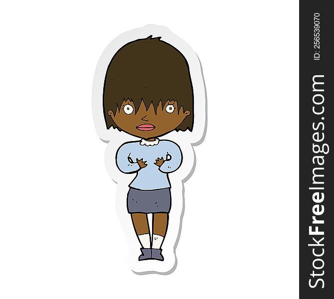 sticker of a cartoon woman making Who Me gesture