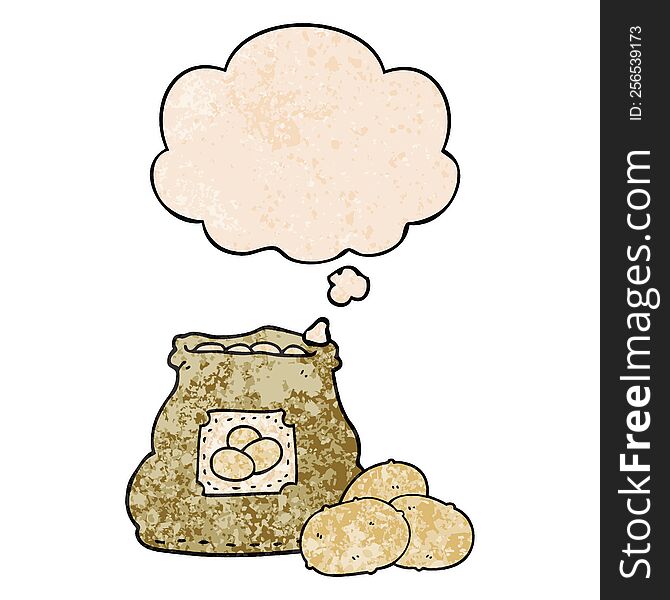 cartoon bag of potatoes with thought bubble in grunge texture style. cartoon bag of potatoes with thought bubble in grunge texture style