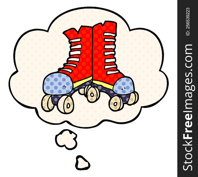 cartoon roller boots with thought bubble in comic book style