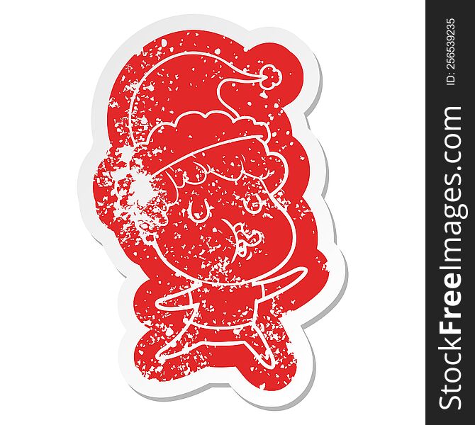 Cartoon Distressed Sticker Of A Man Singing Wearing Santa Hat