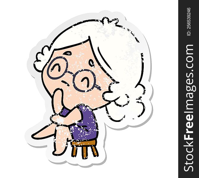 distressed sticker cartoon illustration of a cute kawaii lady thinking. distressed sticker cartoon illustration of a cute kawaii lady thinking