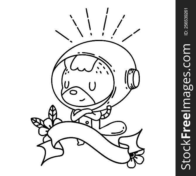 scroll banner with black line work tattoo style animal in astronaut suit