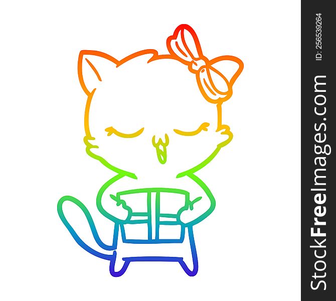 rainbow gradient line drawing of a cartoon girl cat with christmas present