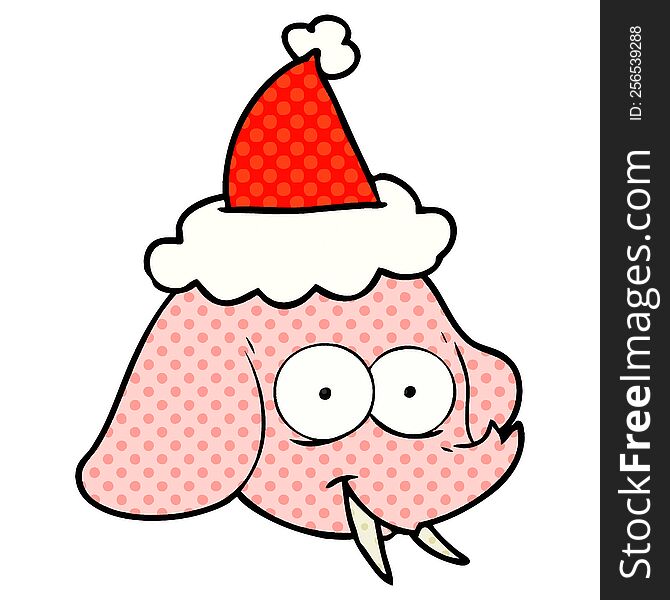 Comic Book Style Illustration Of A Elephant Face Wearing Santa Hat