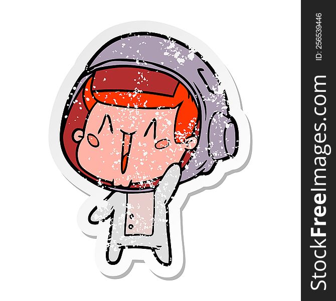 Distressed Sticker Of A Happy Cartoon Astronaut Waving