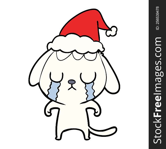 Cute Line Drawing Of A Dog Crying Wearing Santa Hat