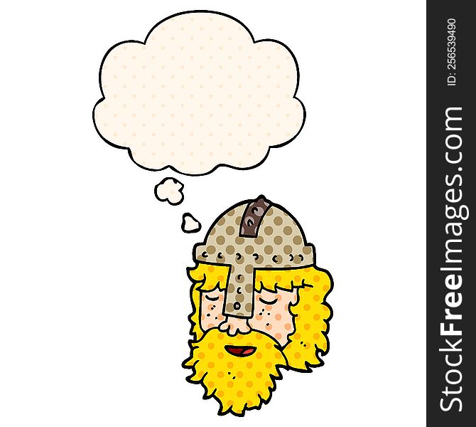 cartoon viking face with thought bubble in comic book style