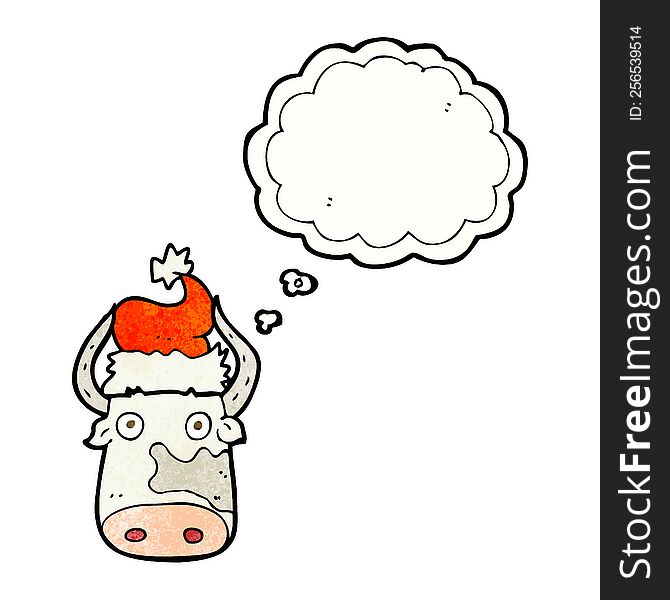 freehand drawn thought bubble textured cartoon cow wearing christmas hat