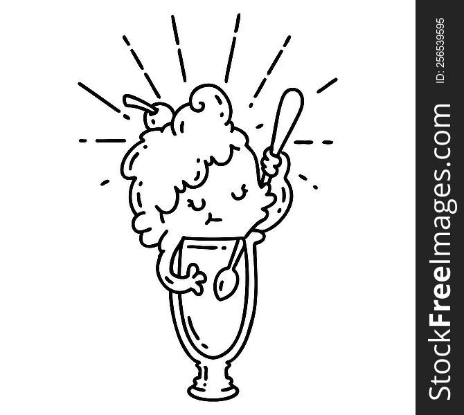 illustration of a traditional black line work tattoo style ice cream character