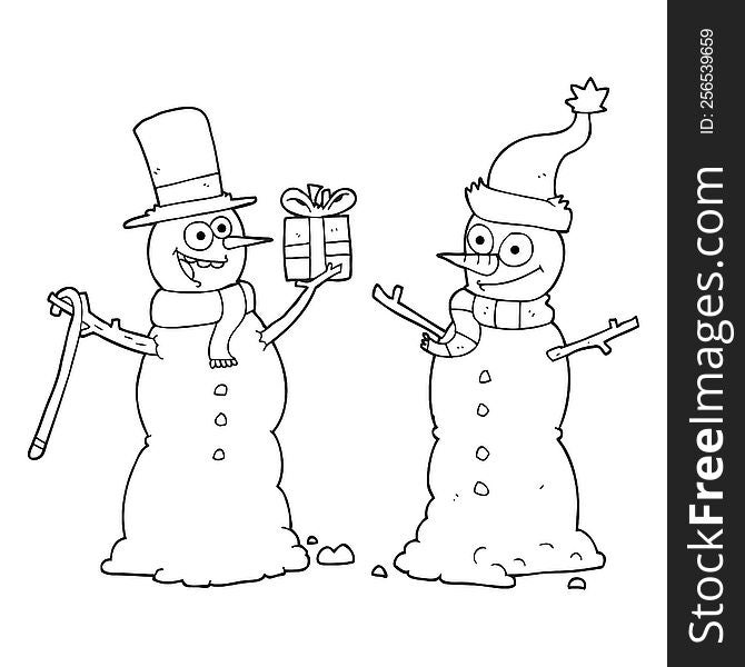 black and white cartoon snowmen exchanging gifts