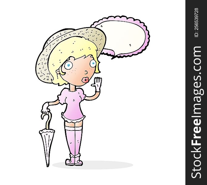cartoon woman in summer hat waving with speech bubble