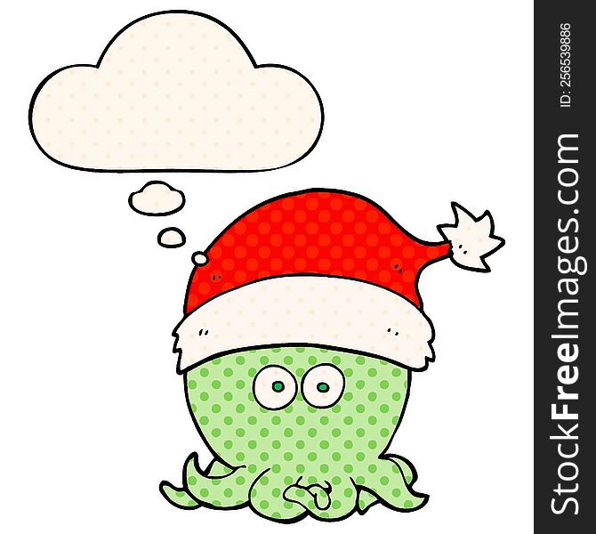 Cartoon Octopus Wearing Christmas Hat And Thought Bubble In Comic Book Style