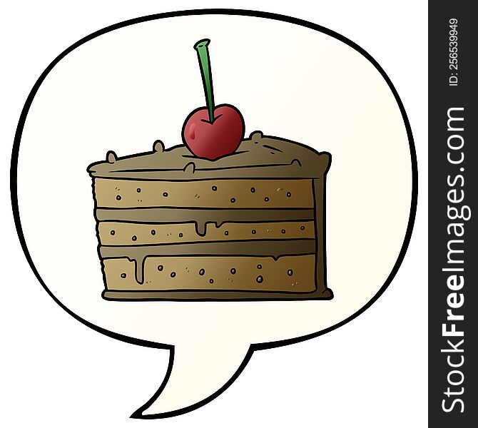 cartoon tasty chocolate cake with speech bubble in smooth gradient style