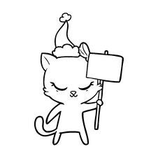Cute Line Drawing Of A Cat With Sign Wearing Santa Hat Stock Photo