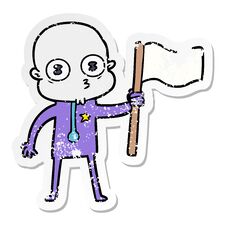 Distressed Sticker Of A Cartoon Weird Bald Spaceman With Flag Royalty Free Stock Photo