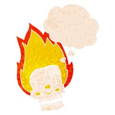 Spooky Cartoon Flaming Skull And Thought Bubble In Retro Textured Style Stock Photos