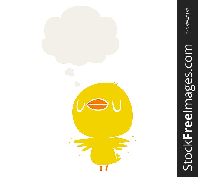 cartoon chick flapping wings with thought bubble in retro style