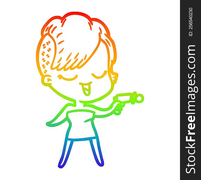 Rainbow Gradient Line Drawing Happy Cartoon Girl