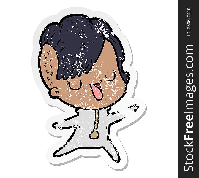 Distressed Sticker Of A Cute Cartoon Girl With Hipster Haircut