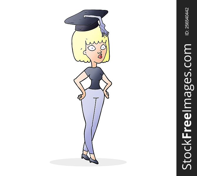 freehand drawn cartoon woman with graduation cap