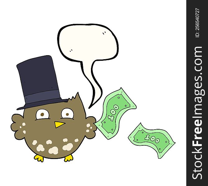 freehand drawn speech bubble cartoon wealthy little owl with top hat