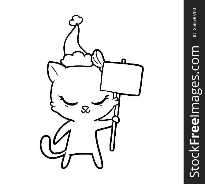 Cute Line Drawing Of A Cat With Sign Wearing Santa Hat