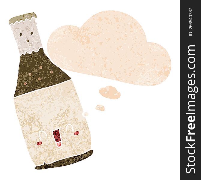 Cartoon Beer Bottle And Thought Bubble In Retro Textured Style