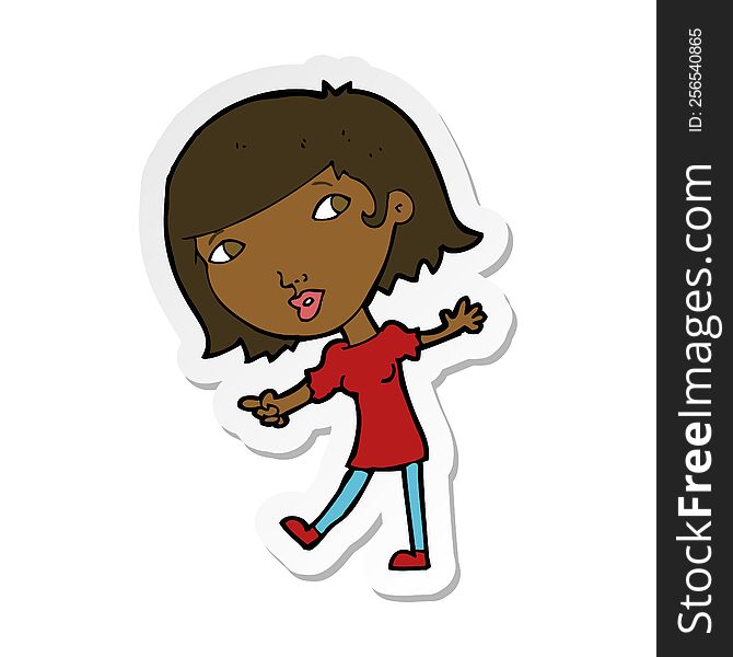 sticker of a cartoon happy girl gesturing to follow