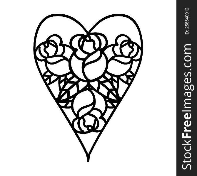 tattoo in black line style of a heart and flowers. tattoo in black line style of a heart and flowers