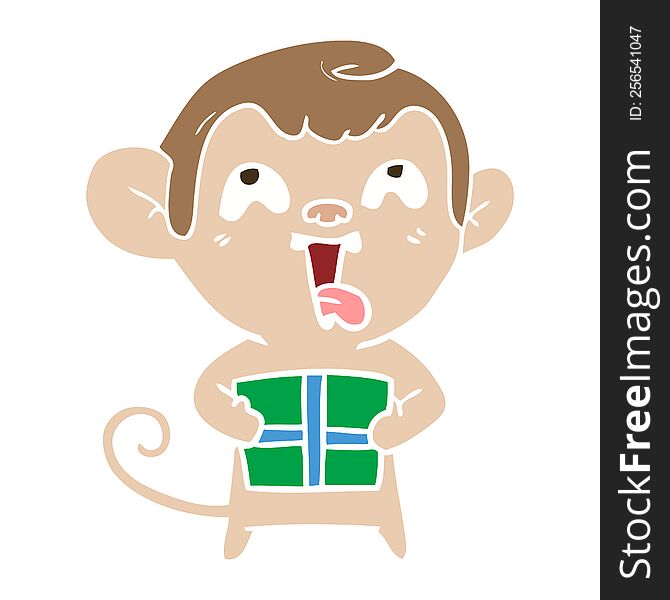 Crazy Flat Color Style Cartoon Monkey With Christmas Present