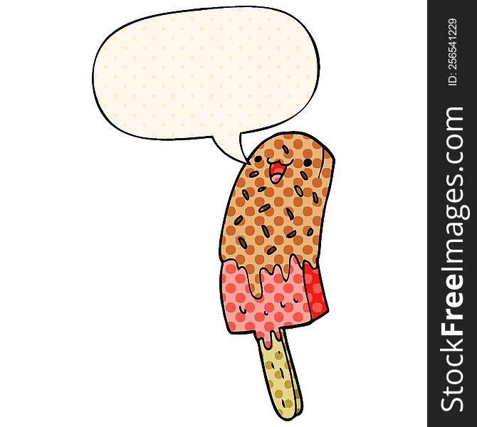 Cute Cartoon Happy Ice Lolly And Speech Bubble In Comic Book Style