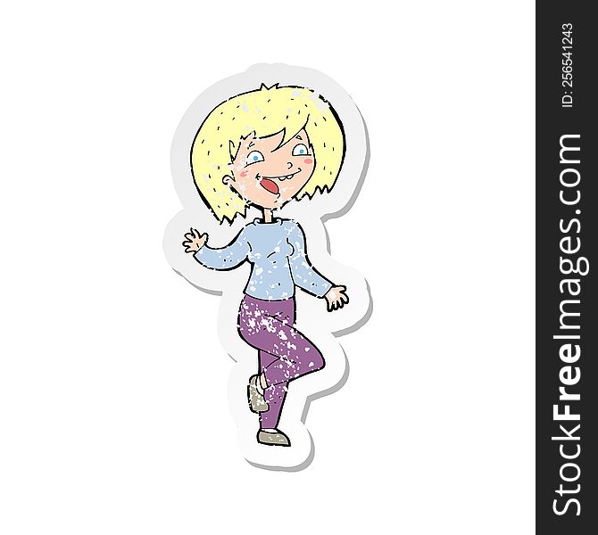 retro distressed sticker of a cartoon laughing woman