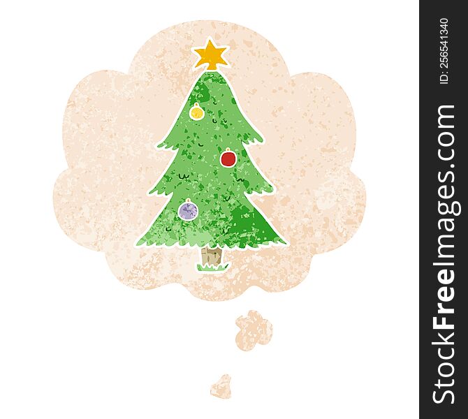 cartoon christmas tree with thought bubble in grunge distressed retro textured style. cartoon christmas tree with thought bubble in grunge distressed retro textured style