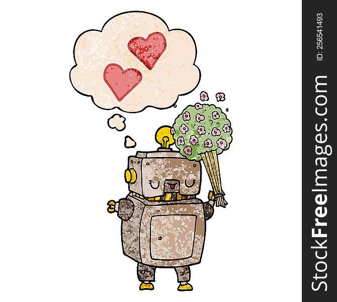 Cartoon Robot In Love And Thought Bubble In Grunge Texture Pattern Style