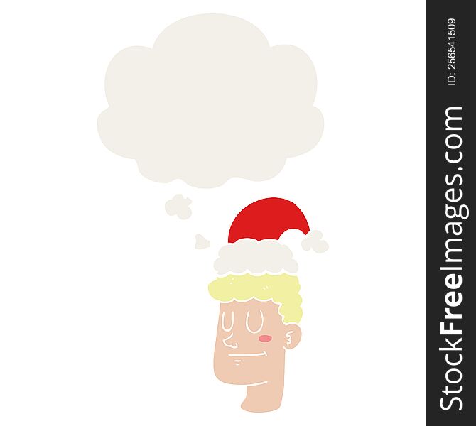 Cartoon Man Wearing Christmas Hat And Thought Bubble In Retro Style